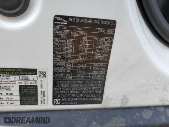 2019 Jaguar F-Pace 25t with VIN SADCS2FX2KA606070, listed as a Copart auction lot 54978434 with 104,200 mi miles and Salvage title. Bid and sale history available at DreamBid. Image 13.