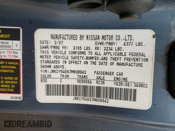 2007 Infiniti G35 with VIN JNKCV54E67M908942, listed as a Copart auction lot 56113015 with 198,658 mi miles and Clean Title. Bid and sale history available at DreamBid. Image 12.