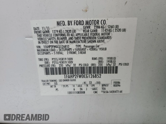 2012 Ford Taurus Limited z VIN 1FAHP2FW0CG126852, wystawiony jako Copart lot #56157325 z przebiegiem 222 514 mil mil oraz Szkoda całkowita • Salvage title. Historia ofert i sprzedaży dostępna na DreamBid. Obrazek 12.