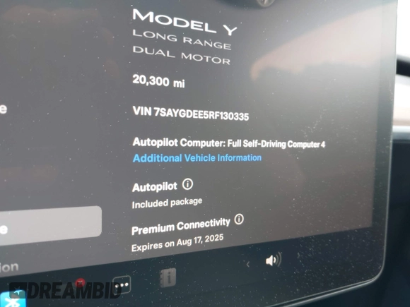 2024 Tesla Model Y Long Range z VIN 7SAYGDEE5RF130335, wystawiony jako IAAI lot #42250979 z przebiegiem 20 300 mil mil oraz . Historia ofert i sprzedaży dostępna na DreamBid. Obrazek 7.