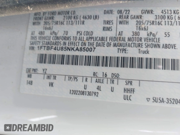 2022 Ford Transit Cargo с VIN 1FTBF4U85NKA85007, выставлен на аукционе IAAI как лот 42491754 с пробегом 25 038 миль миль и . История ставок и продаж доступна на DreamBid. Изображение 9.