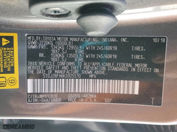 2019 Toyota Highlander SE with VIN 5TDJZRFH6KS925510, listed as a Copart auction lot 48819195 with 96,677 mi miles and Salvage Title. Bid and sale history available at carsss.com. Image 13.