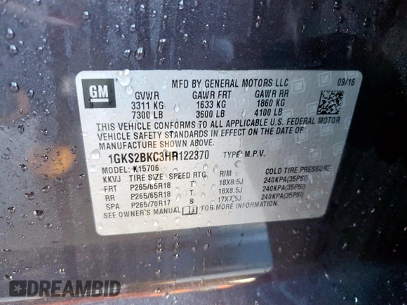 2017 GMC Yukon SLT with VIN 1GKS2BKC3HR122370, listed as a Copart auction lot 46254615 with 179,787 mi miles and Salvage Title. Bid and sale history available at carsss.com. Image 14.