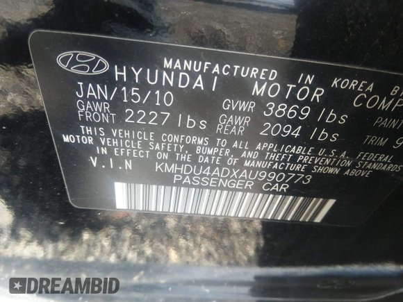 2010 Hyundai Elantra GLS with VIN KMHDU4ADXAU990773, listed as a IAAI auction lot 34962404 with 115,482 mi miles and . Bid and sale history available at DreamBid. Image 9.