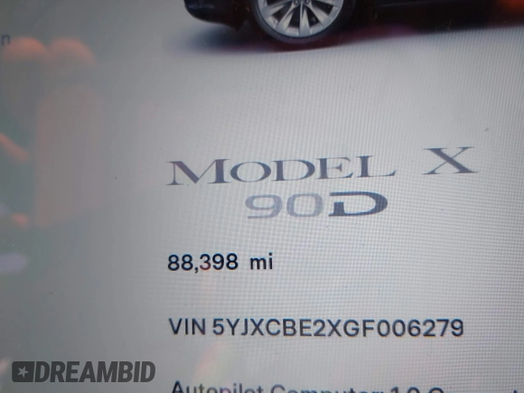 2016 Tesla Model X 70D with VIN 5YJXCBE2XGF006279, listed as a IAAI auction lot 41712973 with 88,398 mi miles and . Bid and sale history available at DreamBid. Image 16.
