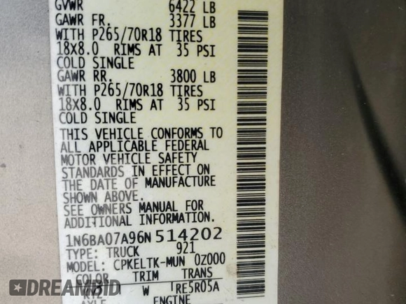 2006 Nissan Titan LE with VIN 1N6BA07A96N514202, listed as a Copart auction lot 44625415 with 222,183 mi miles and Salvage Title. Bid and sale history available at DreamBid. Image 15.