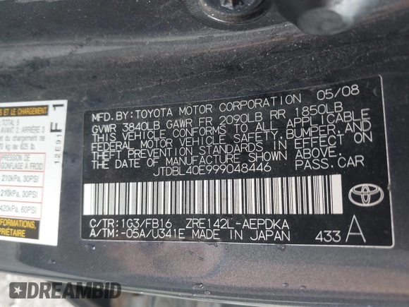 2009 Toyota Corolla with VIN JTDBL40E999048446, listed as a IAAI auction lot 42210822 with 260,005 mi miles. Bid and sale history available at carsss.com. Image 9.