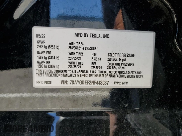 2022 Tesla Model Y Performance z VIN 7SAYGDEF2NF443037, wystawiony jako Copart lot #56870145 z przebiegiem 51 897 mil mil oraz Szkoda całkowita • Salvage title. Historia ofert i sprzedaży dostępna na DreamBid. Obrazek 14.