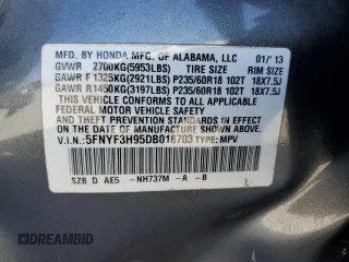 2013 Honda Pilot Touring with VIN 5FNYF3H95DB018703, listed as a Copart auction lot 48370535 with 134,491 mi miles and Salvage Title. Bid and sale history available at DreamBid. Image 14.
