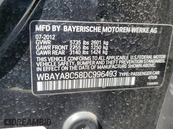 2013 BMW 7 Series 750i with VIN WBAYA8C58DC996493, listed as a Copart auction lot 51622225 with 155,519 mi miles and Clean Title. Bid and sale history available at DreamBid. Image 12.