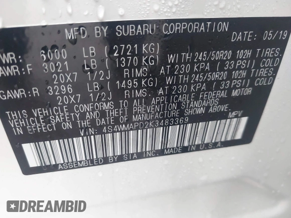 2019 Subaru Ascent Limited with VIN 4S4WMAPD2K3483369, listed as a IAAI auction lot 41167195 with 76,198 mi miles and . Bid and sale history available at DreamBid. Image 9.