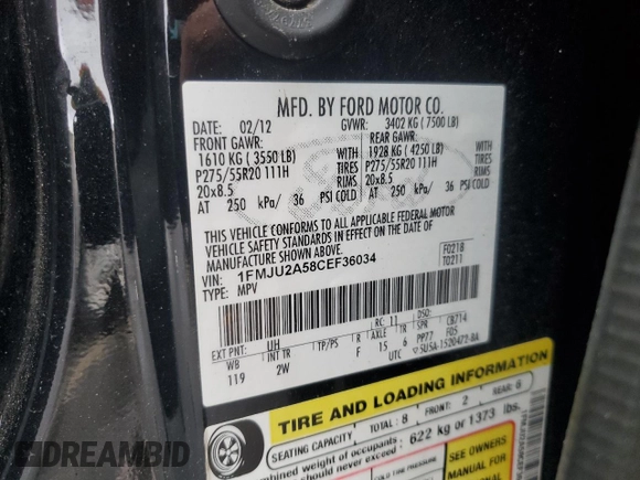 2012 Ford Expedition Limited z VIN 1FMJU2A58CEF36034, wystawiony jako Copart lot #58597515 z przebiegiem 139 671 mil mil oraz Szkoda całkowita • Salvage title. Historia ofert i sprzedaży dostępna na DreamBid. Obrazek 13.
