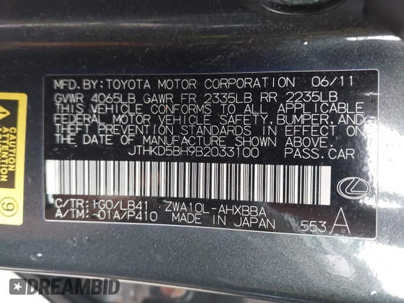 2011 Lexus CT 200h with VIN JTHKD5BH9B2033100, listed as a IAAI auction lot 42333289 with 235,268 mi miles and . Bid and sale history available at DreamBid. Image 9.
