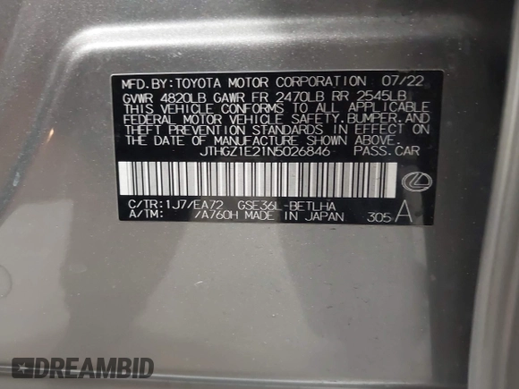2022 Lexus IS 350 F Sport with VIN JTHGZ1E21N5026846, listed as a IAAI auction lot 42103720 with 49,500 mi miles and . Bid and sale history available at DreamBid. Image 9.