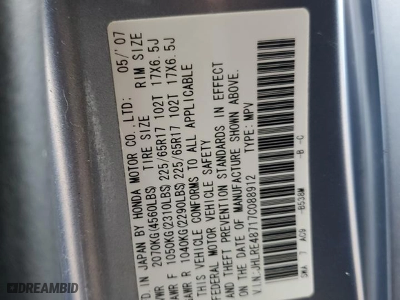 2007 Honda CR-V EX-L with VIN JHLRE48717C088912, listed as a Copart auction lot 46753155 with 147,909 mi miles and Salvage Title. Bid and sale history available at carsss.com. Image 12.