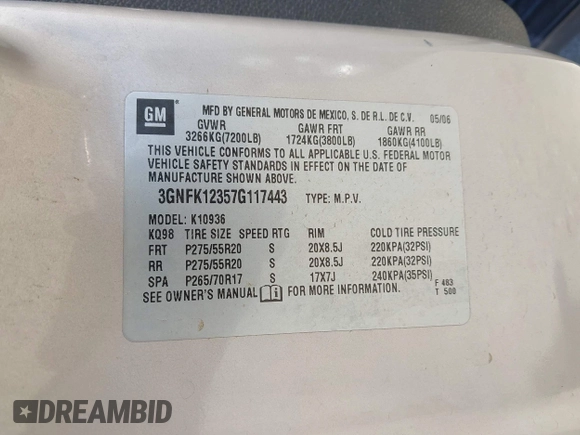 2007 Chevrolet Avalanche LTZ z VIN 3GNFK12357G117443, wystawiony jako IAAI lot #41988399 z przebiegiem Nie podano mil oraz . Historia ofert i sprzedaży dostępna na DreamBid. Obrazek 9.