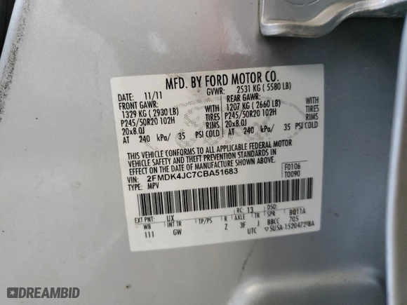 2012 Ford Edge SEL with VIN 2FMDK4JC7CBA51683, listed as a Copart auction lot 49123185 with 117,125 mi miles and Salvage Title. Bid and sale history available at carsss.com. Image 15.