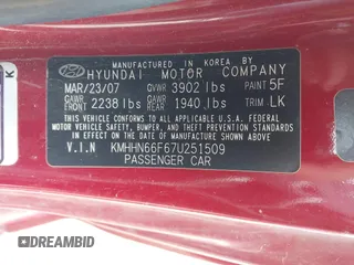 2007 Hyundai Tiburon GT z VIN KMHHN66F67U251509, wystawiony jako IAAI lot #42115300 z przebiegiem 180 334 mil mil oraz . Historia ofert i sprzedaży dostępna na DreamBid. Obrazek 9.