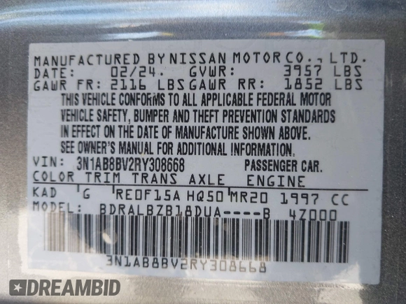 2024 Nissan Sentra S with VIN 3N1AB8BV2RY308668, listed as a IAAI auction lot 41665301 with 10,198 mi miles. Bid and sale history available at carsss.com. Image 9.