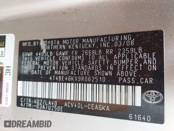 2009 Toyota Camry with VIN 4T4BE46KX9R062510, listed as a IAAI auction lot 42204996 with 177,555 mi miles and . Bid and sale history available at DreamBid. Image 9.