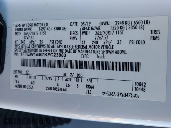 2019 Ford F-150 XL with VIN 1FTEW1EB7KFC23883, listed as a Copart auction lot 50324165 with 161,836 mi miles and Salvage Title. Bid and sale history available at carsss.com. Image 12.