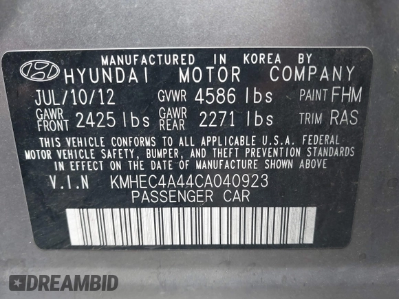 2012 Hyundai Sonata Hybrid with VIN KMHEC4A44CA040923, listed as a IAAI auction lot 41990974 with 177,113 mi miles and . Bid and sale history available at DreamBid. Image 9.