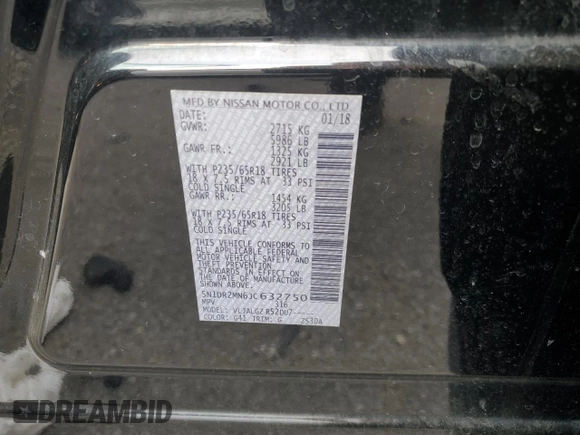 2018 Nissan Pathfinder SL with VIN 5N1DR2MN6JC632750, listed as a Copart auction lot 59013495 with 215,562 mi miles and Salvage title. Bid and sale history available at DreamBid. Image 13.