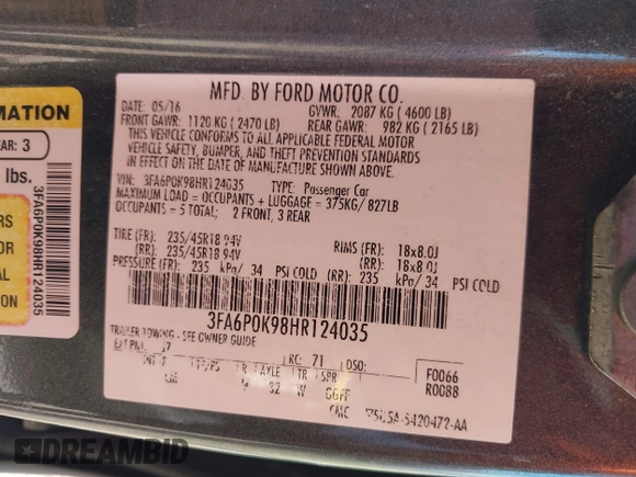 2017 Ford Fusion Titanium with VIN 3FA6P0K98HR124035, listed as a IAAI auction lot 42307936 with Not provided miles and . Bid and sale history available at DreamBid. Image 9.