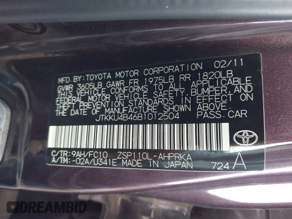 2011 Scion xD with VIN JTKKU4B46B1012504, listed as a IAAI auction lot 41968482 with 209,940 mi miles and . Bid and sale history available at DreamBid. Image 9.