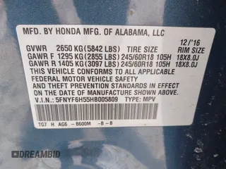 2017 Honda Pilot EX-L with VIN 5FNYF6H55HB005809, listed as a IAAI auction lot 41588106 with 110,197 mi miles and . Bid and sale history available at DreamBid. Image 9.