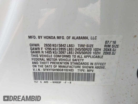 2016 Honda Pilot Touring with VIN 5FNYF6H90GB102403, listed as a IAAI auction lot 42007825 with 69,450 mi miles. Bid and sale history available at carsss.com. Image 9.