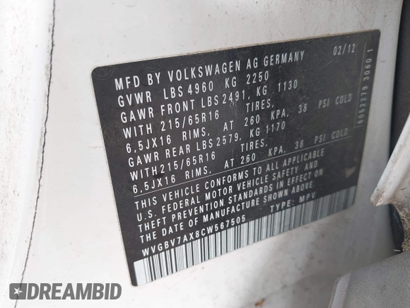 2012 Volkswagen Tiguan S z VIN WVGBV7AX8CW567505, wystawiony jako IAAI lot #42311708 z przebiegiem 127 566 mil mil oraz . Historia ofert i sprzedaży dostępna na DreamBid. Obrazek 9.