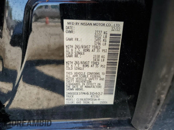 2023 Nissan Frontier SV with VIN 1N6ED1EJ7PN630402, listed as a Copart auction lot 57339595 with 35,876 mi miles and Salvage title. Bid and sale history available at DreamBid. Image 13.