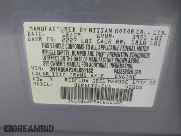2010 Nissan Sentra S z VIN 3N1AB6AP2AL651182, wystawiony jako IAAI lot #42463092 z przebiegiem 131 556 mil mil oraz . Historia ofert i sprzedaży dostępna na DreamBid. Obrazek 9.