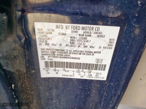 2006 Ford F-150 XLT with VIN 1FTRW12W86KD95832, listed as a Copart auction lot 49172245 with 0 mi miles and Salvage Title. Bid and sale history available at carsss.com. Image 12.