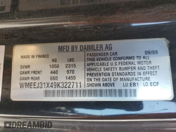 2009 Smart fortwo Pure with VIN WMEEJ31X49K322711, listed as a Copart auction lot 58749945 with 58,919 mi miles and Clean title. Bid and sale history available at DreamBid. Image 12.