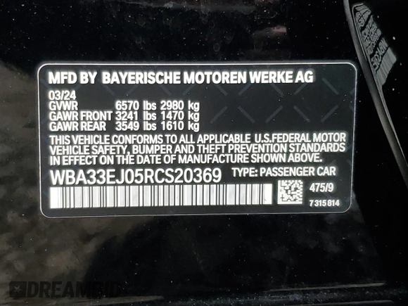 2024 BMW 7 Series 760i xDrive with VIN WBA33EJ05RCS20369, listed as a Copart auction lot 58822485 with 14,554 mi miles and Salvage title. Bid and sale history available at DreamBid. Image 12.