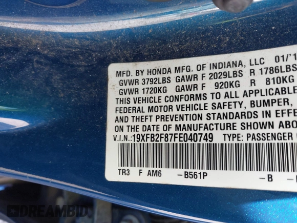 2015 Honda Civic EX with VIN 19XFB2F87FE040749, listed as a IAAI auction lot 41741707 with 67,790 mi miles and . Bid and sale history available at carsss.com. Image 9.
