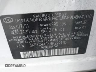 2011 Hyundai Sonata Limited with VIN 5NPEC4AC4BH222110, listed as a IAAI auction lot 42130902 with 159,745 mi miles and . Bid and sale history available at DreamBid. Image 9.