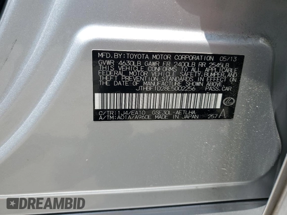 2014 Lexus IS 250 with VIN JTHBF1D28E5002256, listed as a Copart auction lot 62588225 with 59,898 mi miles and Salvage title. Bid and sale history available at DreamBid. Image 12.