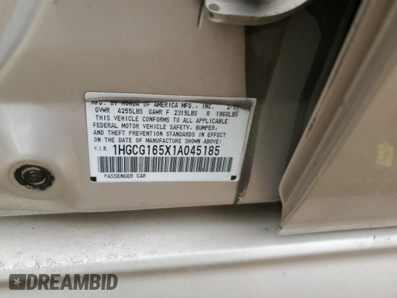 2001 Honda Accord EX z VIN 1HGCG165X1A045185, wystawiony jako Copart lot #51021305 z przebiegiem Nie podano mil oraz Szkoda całkowita • Salvage title. Historia ofert i sprzedaży dostępna na DreamBid. Obrazek 14.