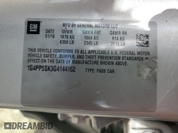 2016 Buick Verano with VIN 1G4PP5SK3G4144162, listed as a Copart auction lot 55892745 with 52,639 mi miles and Salvage title. Bid and sale history available at DreamBid. Image 12.
