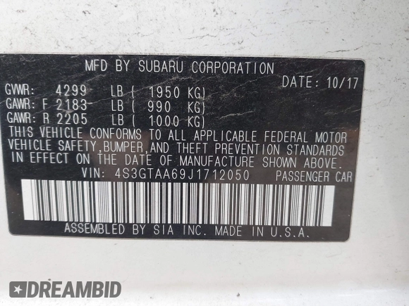 2018 Subaru Impreza with VIN 4S3GTAA69J1712050, listed as a IAAI auction lot 41236817 with 89,171 mi miles. Bid and sale history available at carsss.com. Image 9.