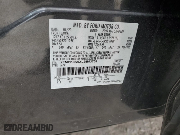 2020 Ford Edge Titanium with VIN 2FMPK3K9XLBB03754, listed as a Copart auction lot 59228775 with 63,034 mi miles and Salvage title. Bid and sale history available at DreamBid. Image 13.