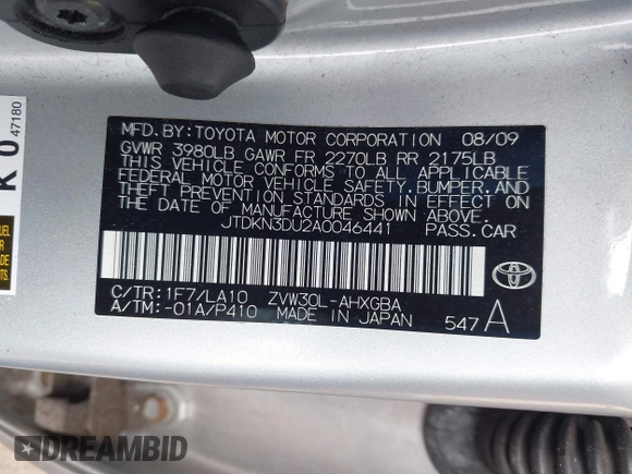 2010 Toyota Prius II with VIN JTDKN3DU2A0046441, listed as a IAAI auction lot 42173830 with 101,930 mi miles. Bid and sale history available at carsss.com. Image 9.