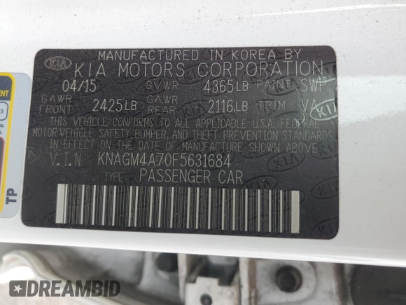 2015 Kia Optima LX with VIN KNAGM4A70F5631684, listed as a Copart auction lot 55786925 with 129,208 mi miles and Salvage Title. Bid and sale history available at DreamBid. Image 12.