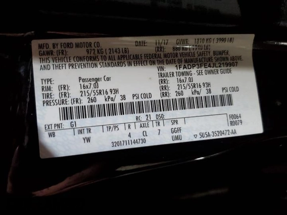 2018 Ford Focus SE with VIN 1FADP3FE4JL219907, listed as a Copart auction lot 50171475 with 65,965 mi miles and Clean title. Bid and sale history available at DreamBid. Image 13.