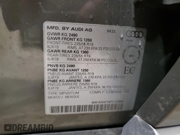 2023 Audi Q5 S line Premium Plus с VIN WA1EAAFY8P2135855, выставлен на аукционе Copart как лот 54130475 с пробегом 24 241 миль миль и Списание • Salvage title. История ставок и продаж доступна на DreamBid. Изображение 14.