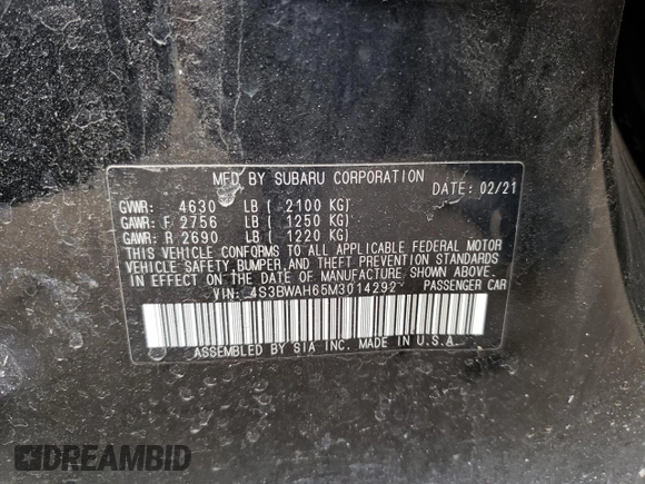 2021 Subaru Legacy Sport with VIN 4S3BWAH65M3014292, listed as a Copart auction lot 48113783 with 42,223 mi miles. Bid and sale history available at carsss.com. Image 12.