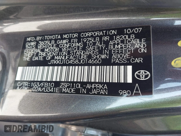2008 Scion xD with VIN JTKKU10458J014660, listed as a IAAI auction lot 42100828 with 136,436 mi miles. Bid and sale history available at carsss.com. Image 9.
